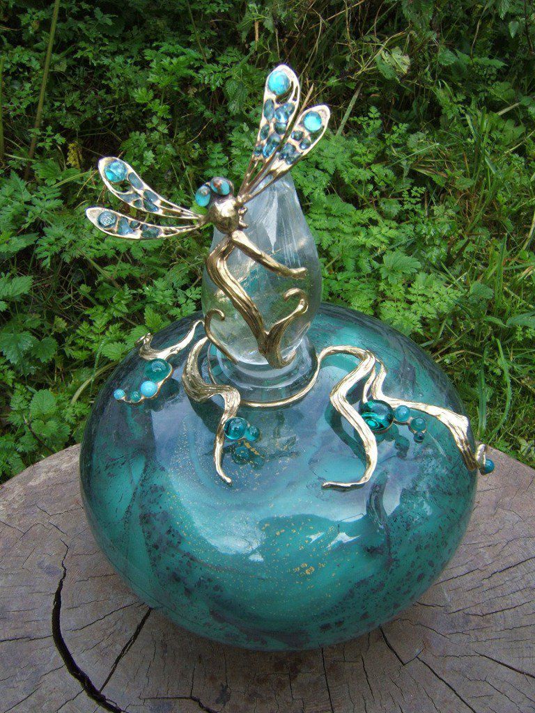 Flacon décor style Art Nouveau,libellule,verre au chalumeau,laiton plaqué or 18 carats